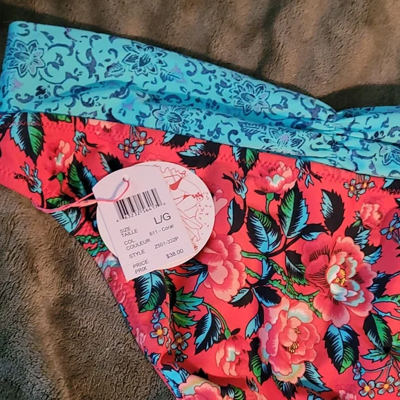 NWT Gottex Bikini Swimsuit Bathing Suit Swim Bottom Red Blue Floral L New - Picture 6 of 7